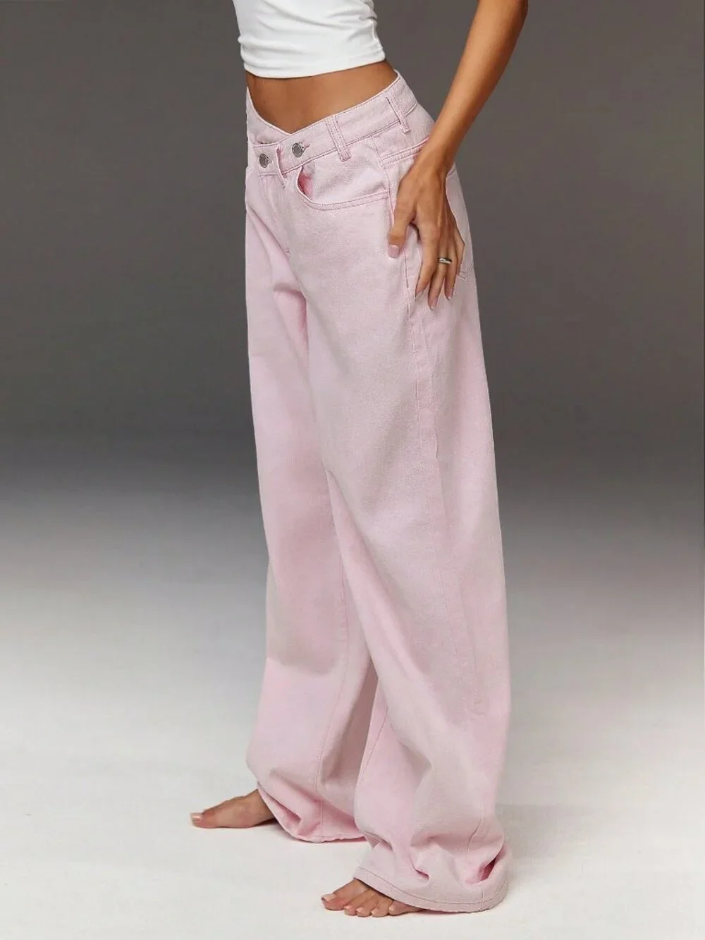Pink Women's Denim Casual Asymmetrical Waistband Wide-Leg Jeans